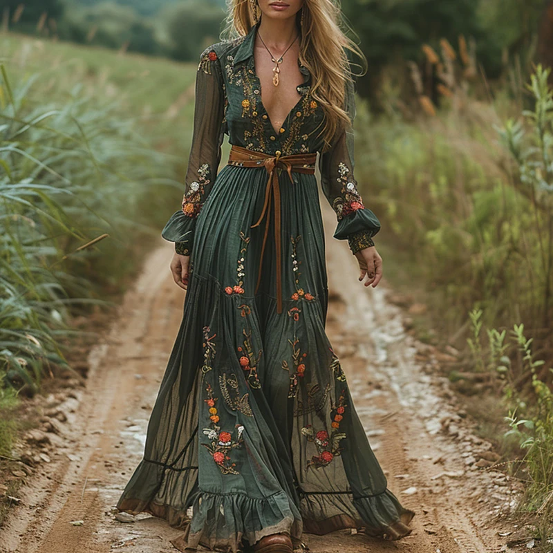Ethnic Boho Fashion - Etnik Moda Çiçek Baskı Vintage Elbise