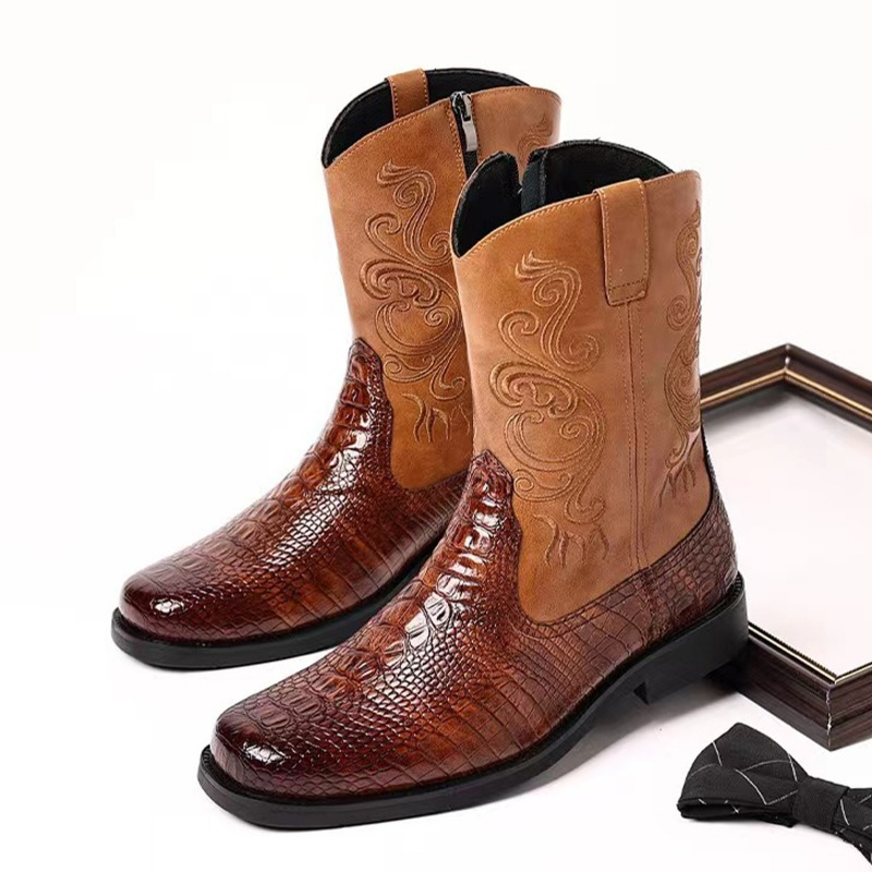 Ethnic Fashion For Men - Şık Kabartmalı Günlük Erkek Kovboy Botları