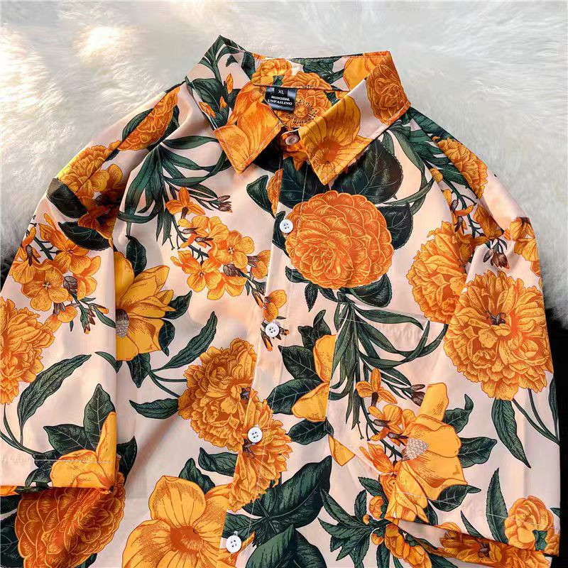 Thai Silk Blouse - Japon Tay Retro Hawaii Turuncu Çiçek